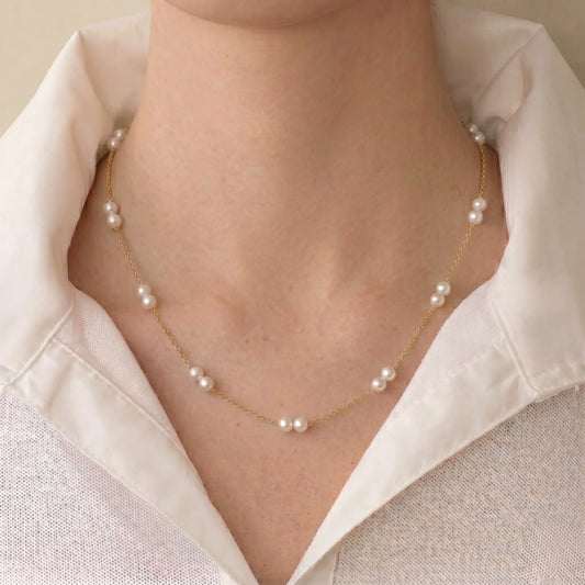 18K Solid Gold Pearl Station Necklace - Dainty 4-4.5mm Round Freshwater Pearl Tin Cup Chain for Women