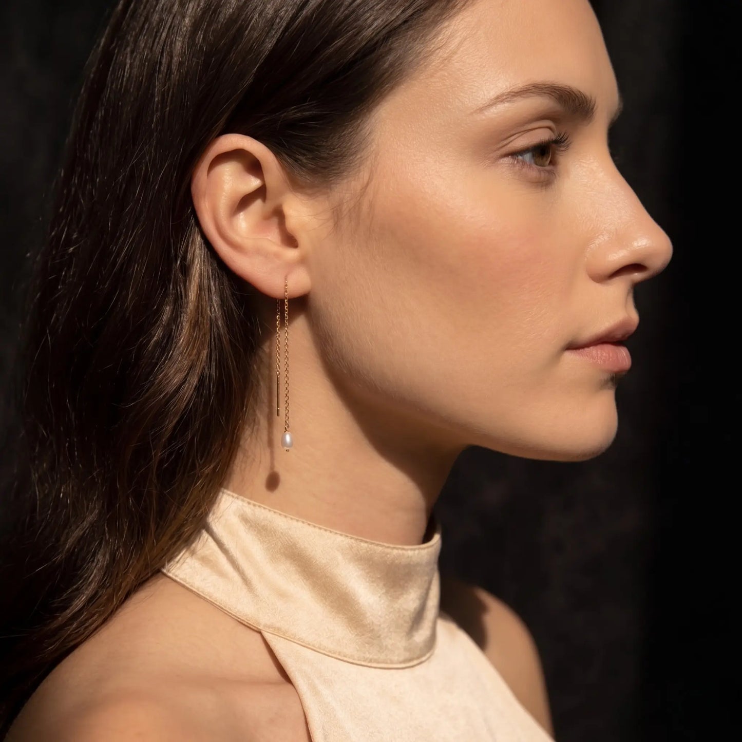 18K Solid Gold Tiny Rice Pearl Threader Earrings
