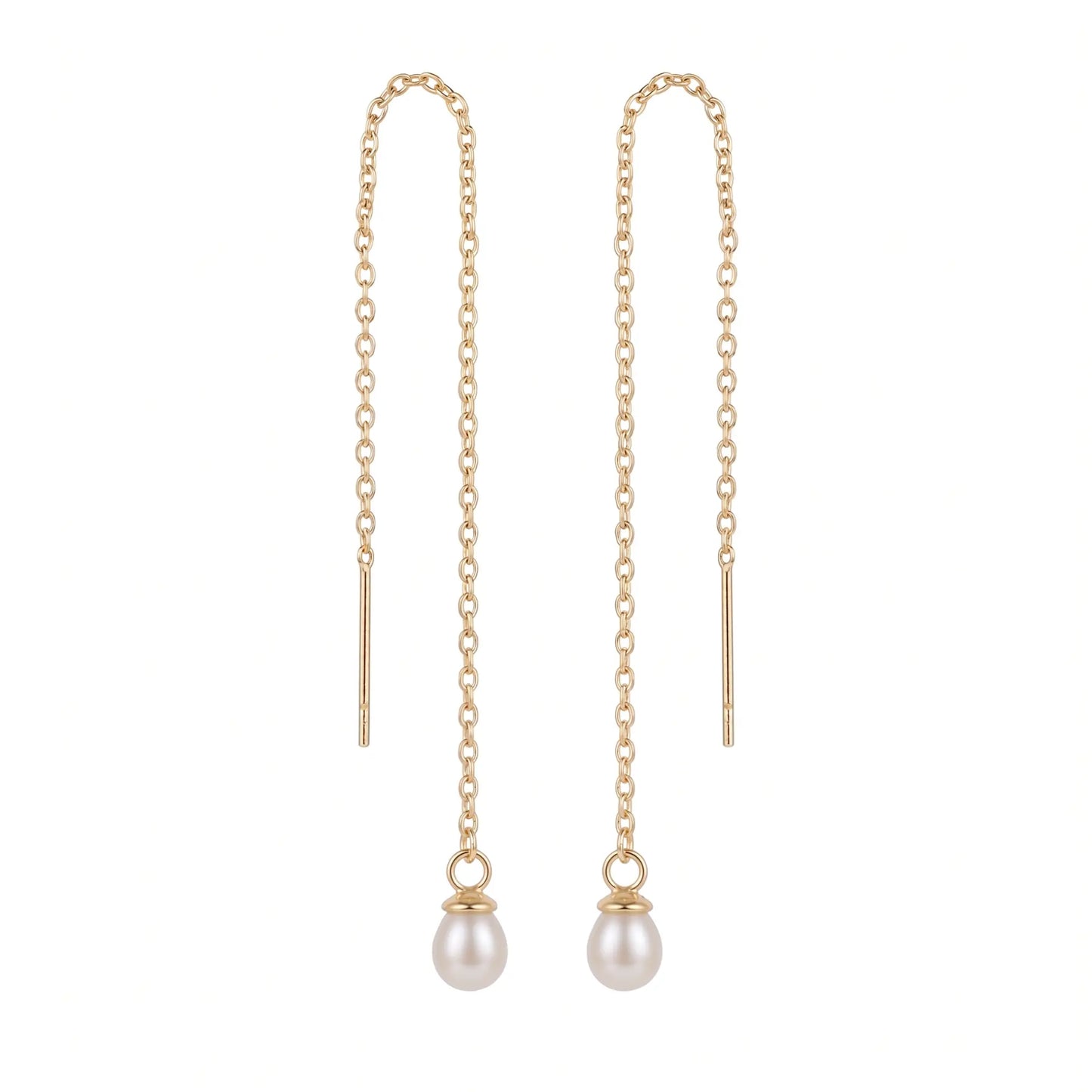 18K Solid Gold Tiny Rice Pearl Threader Earrings