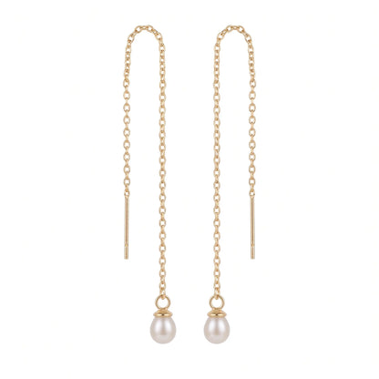 18K Solid Gold Tiny Rice Pearl Threader Earrings