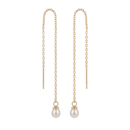 18K Solid Gold Tiny Rice Pearl Threader Earrings