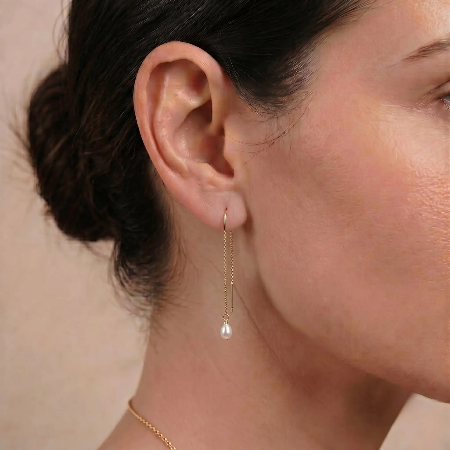 18K Solid Gold Tiny Rice Pearl Threader Earrings