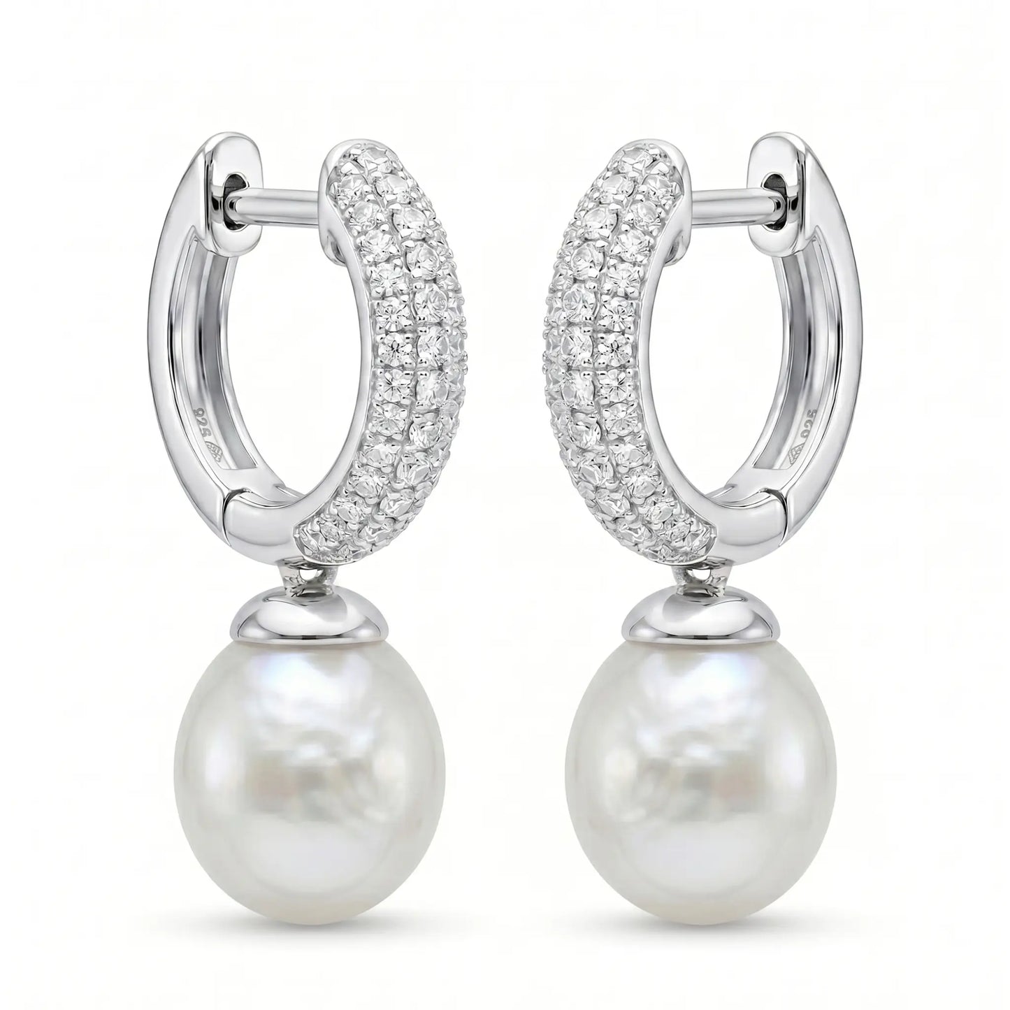 18K White Gold Sparkling Pavé White Pearl Drop Earrings, Bridal Wedding Dangle Earrings for Women