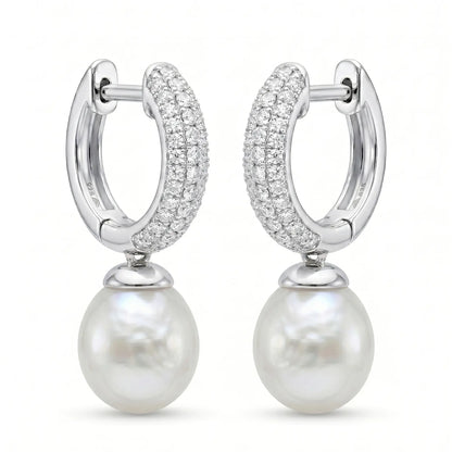 18K White Gold Sparkling Pavé White Pearl Drop Earrings, Bridal Wedding Dangle Earrings for Women