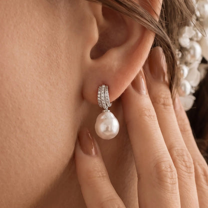 18K White Gold Sparkling Pavé White Pearl Drop Earrings, Bridal Wedding Dangle Earrings for Women