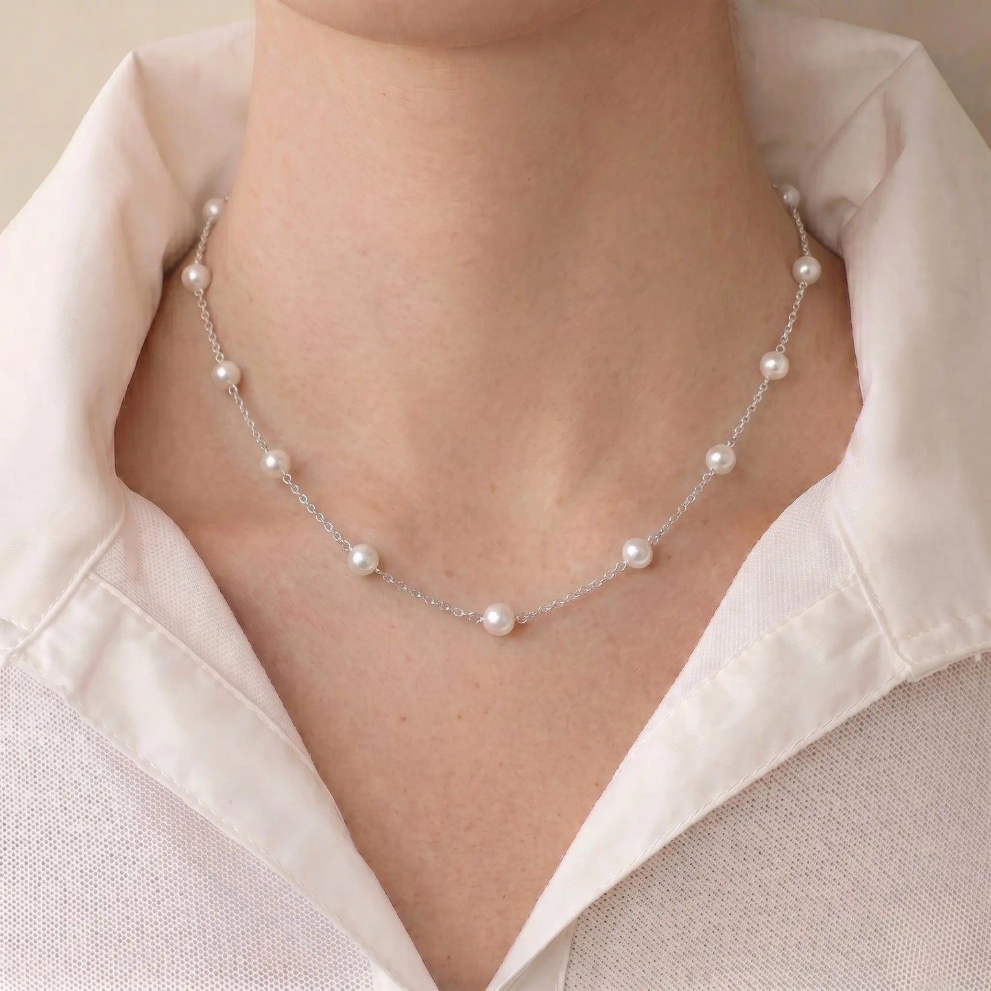 18K White Gold Plated Sterling Silver Pearl Station Necklace