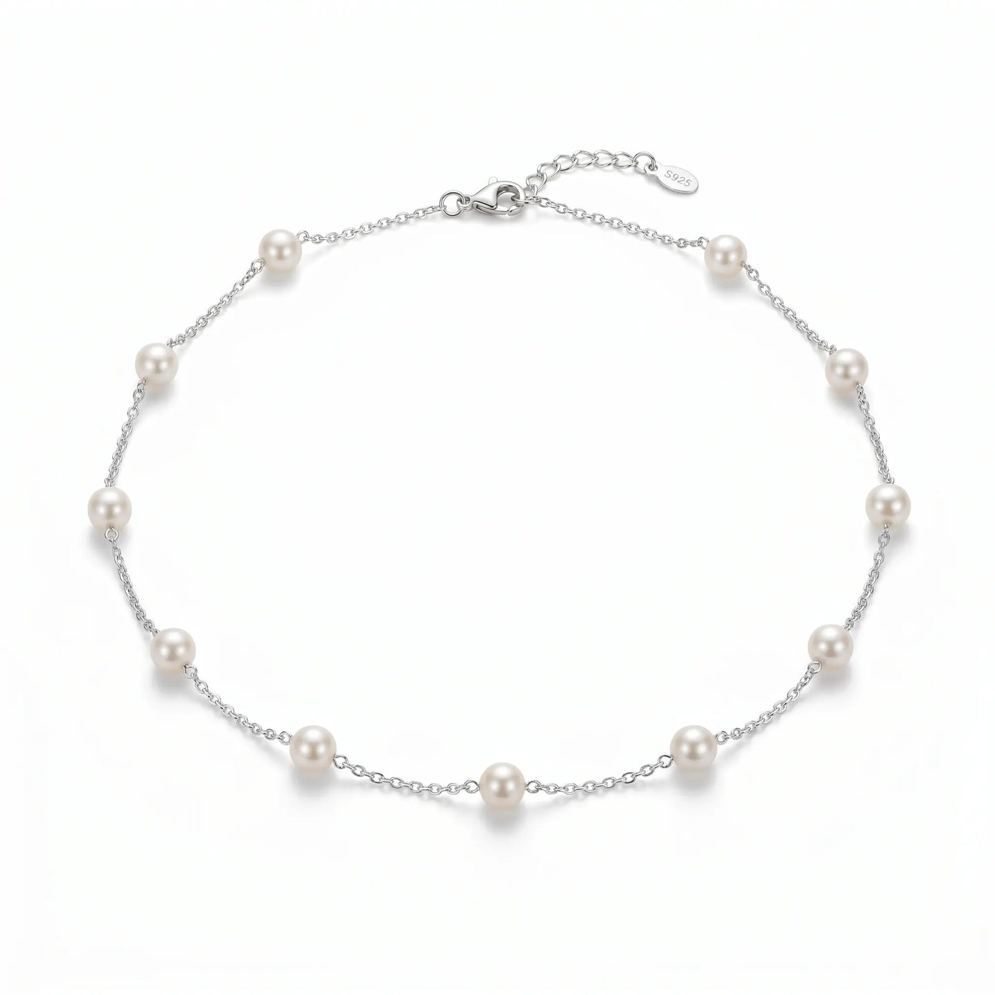 Dainty Bridesmaid Pearl Gift Necklace, 18K White Gold Plated Silver Station Pearl Chain