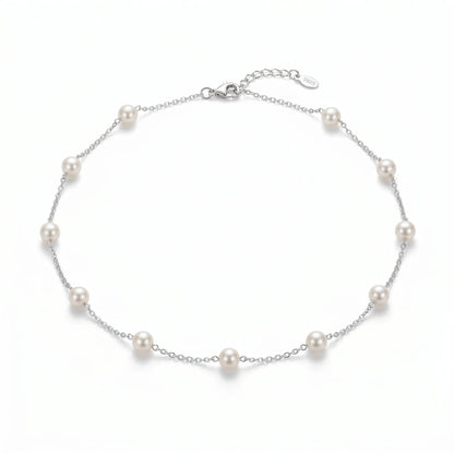 Dainty Bridesmaid Pearl Gift Necklace, 18K White Gold Plated Silver Station Pearl Chain
