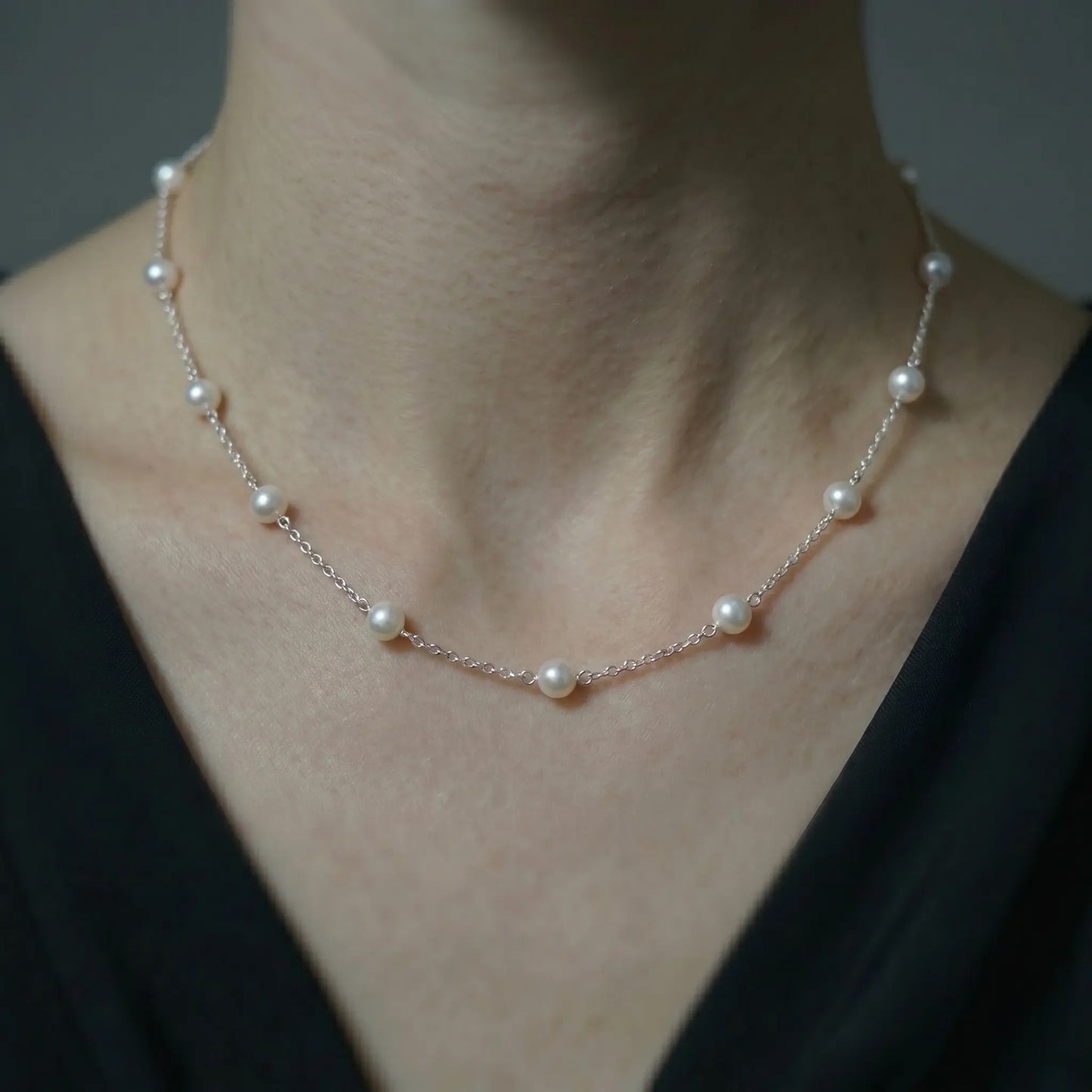 18K White Gold Plated Sterling Silver Pearl Station Necklace