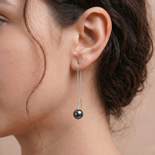 9-9.5mm18K White Gold Tahitian Black Pearl Long Threader Earrings