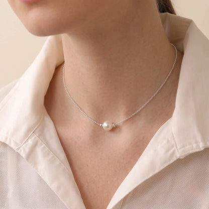 Minimalist Single Pearl Choker Necklace in Sterling Silver Floating Pearl Pendant