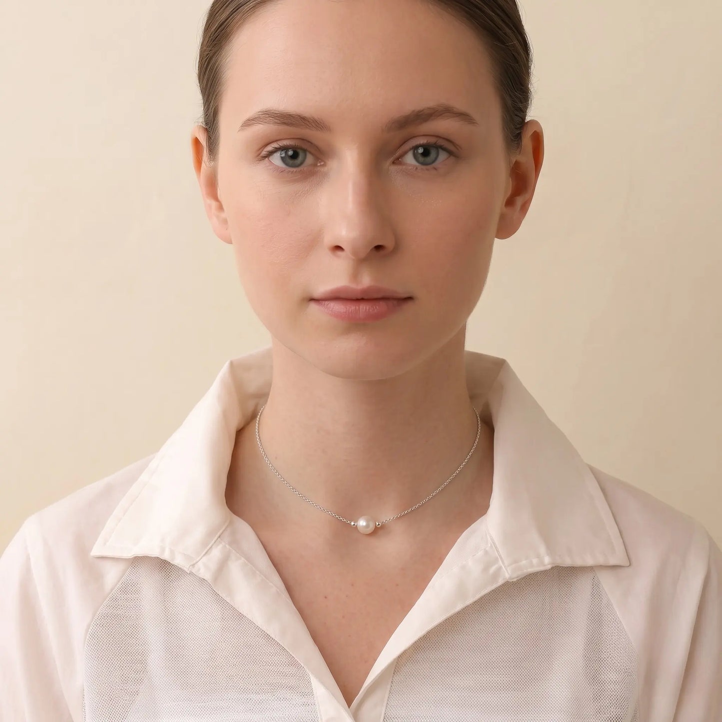 Minimalist Single Pearl Choker Necklace in Sterling Silver Floating Pearl Pendant