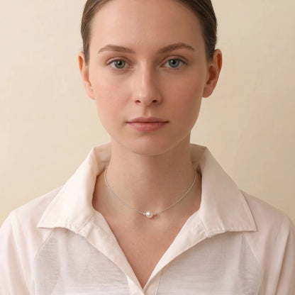 Minimalist Single Pearl Choker Necklace in Sterling Silver Floating Pearl Pendant