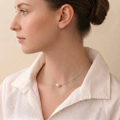 Minimalist Single Pearl Choker Necklace in Sterling Silver Floating Pearl Pendant