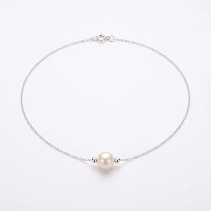 Minimalist Single Pearl Choker Necklace in Sterling Silver Floating Pearl Pendant