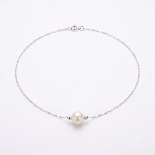 Minimalist Single Pearl Choker Necklace in Sterling Silver Floating Pearl Pendant