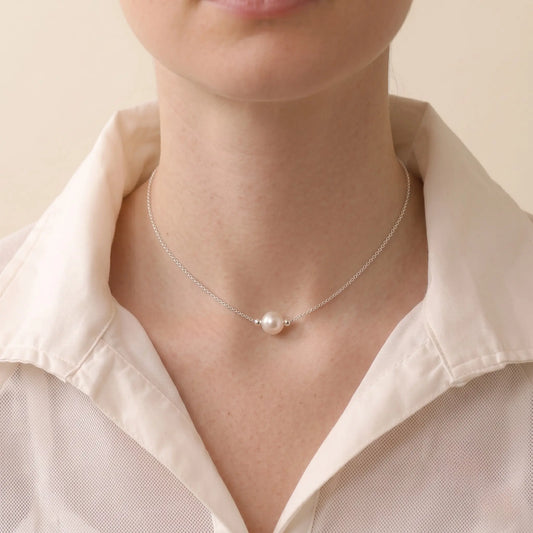 Minimalist Single Pearl Choker Necklace in Sterling Silver Floating Pearl Pendant