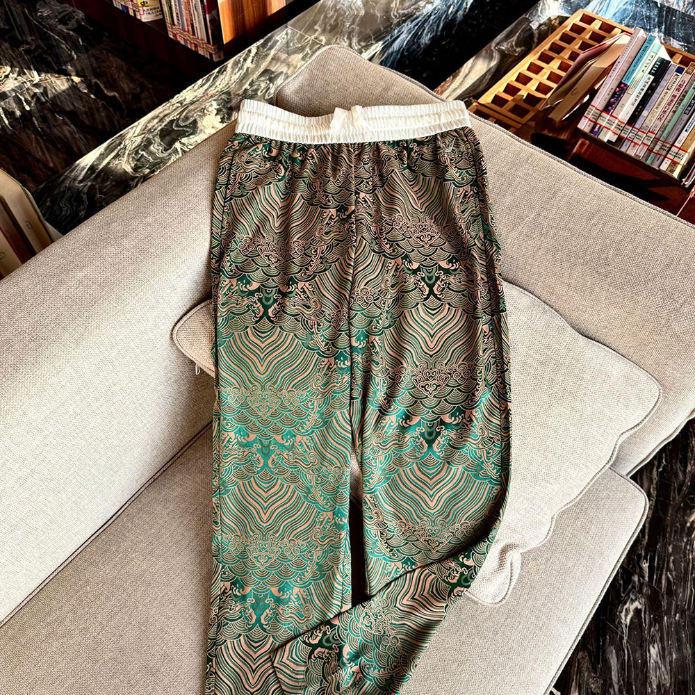 Ukiyo-e patterned satin silk casual pants