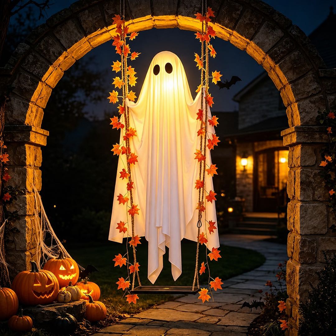 Halloween Glowing Ghost Swing Decoration – Lighted Hanging Ghost with Maple Leaf Vines for Indoor & Outdoor Yard Decor