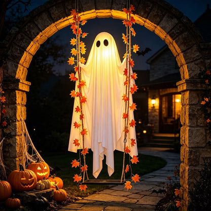 Halloween Glowing Ghost Swing Decoration – Lighted Hanging Ghost with Maple Leaf Vines for Indoor & Outdoor Yard Decor