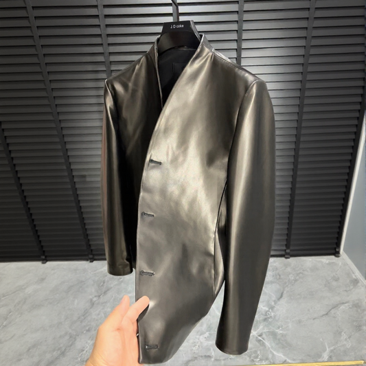 Minimalist collarless leather jacket