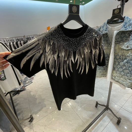 Feather print rhinestone T-shirt