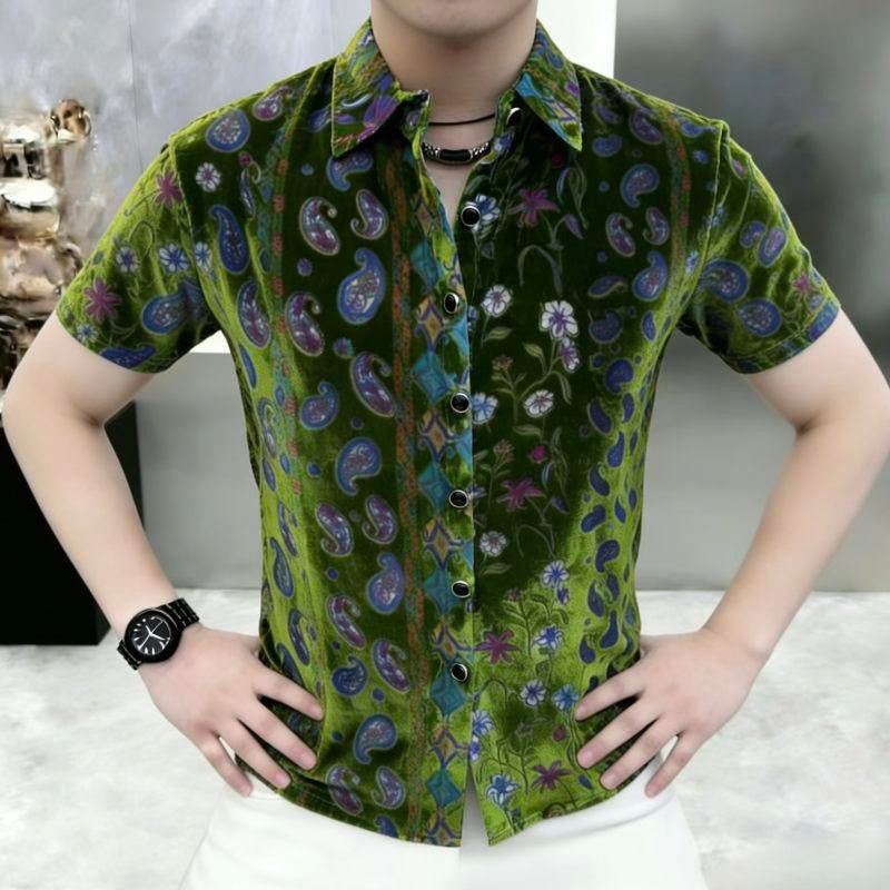 Velvet-colored peacock green retro short-sleeved shirt