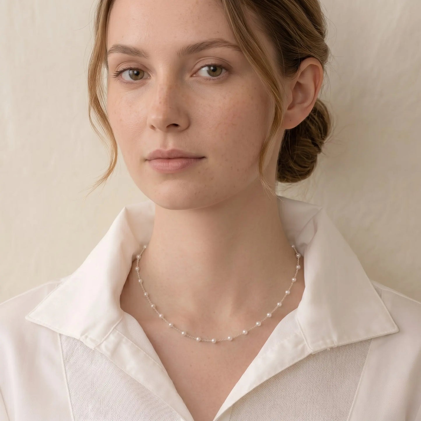3-3.5mm Off White Freshwater Pearl Close-Set Station Choker, 925 Sterling Silver Dainty Necklace