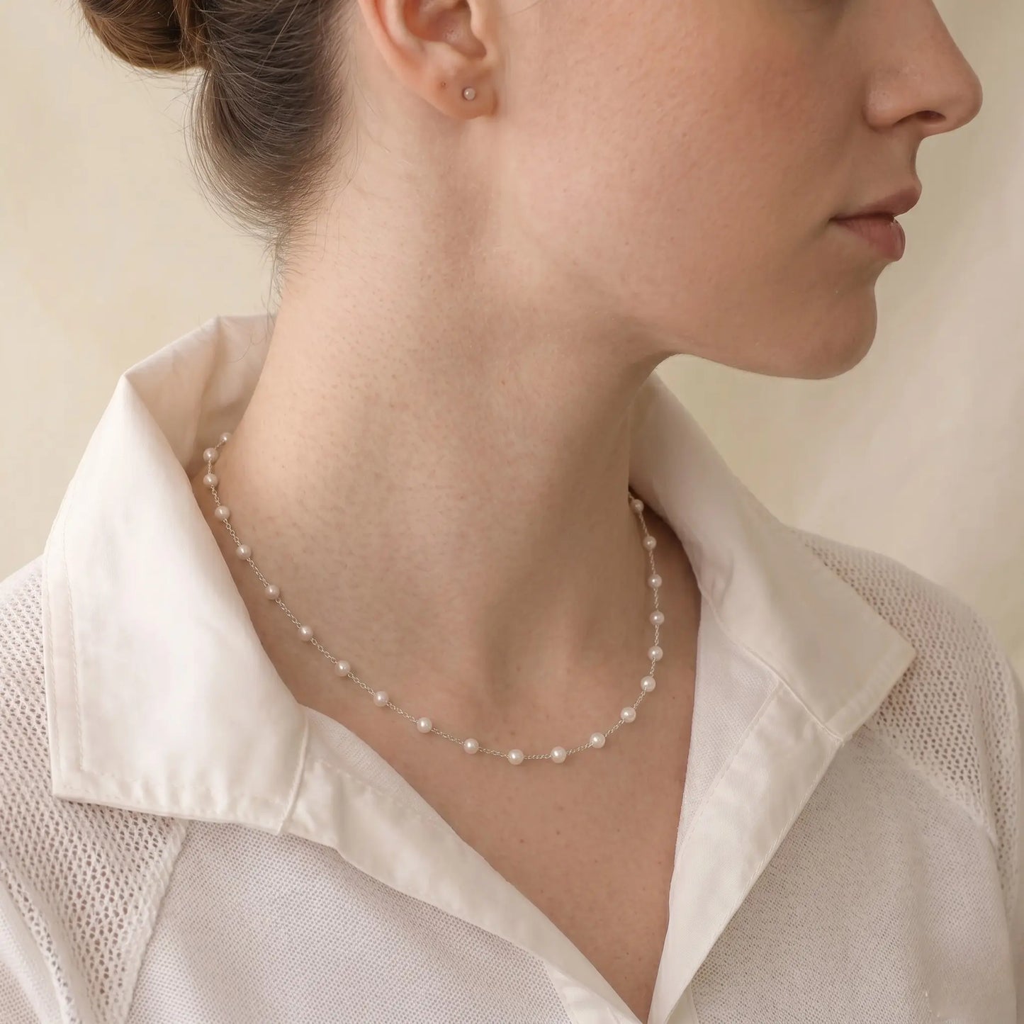 3-3.5mm Off White Freshwater Pearl Close-Set Station Choker, 925 Sterling Silver Dainty Necklace