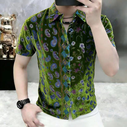 Velvet-colored peacock green retro short-sleeved shirt