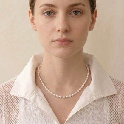 Minimalist White Pearl Bead Chain Necklace - 4-5mm Oval Freshwater Pearl Choker