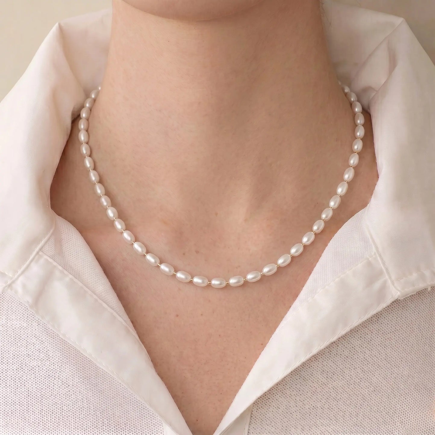 Minimalist White Pearl Bead Chain Necklace - 4-5mm Oval Freshwater Pearl Choker
