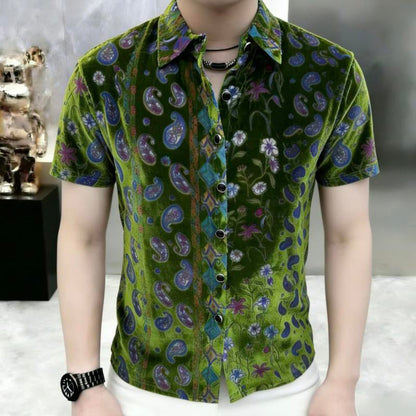Velvet-colored peacock green retro short-sleeved shirt