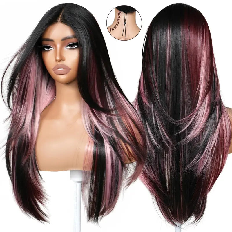 Calico Neapolitan Synthetic Lace Front Wig - 26 Inch, Glueless, Pre-Cut T Lace, Pre-Plucked, Face Framing Bangs, Perfect Middle Part, Airy Heat Resistant, Summer-Ready for Daily Wear, Parties, Heat Resistant Wigs, Synthetic Material Wigs