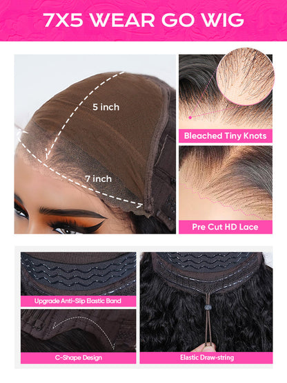 Pre-bleached Wear Go Glueless Wig 7x5 Pre-cut HD Lace Burmese Curly Human Hair