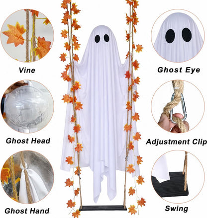 Halloween Glowing Ghost Swing Decoration – Lighted Hanging Ghost with Maple Leaf Vines for Indoor & Outdoor Yard Decor