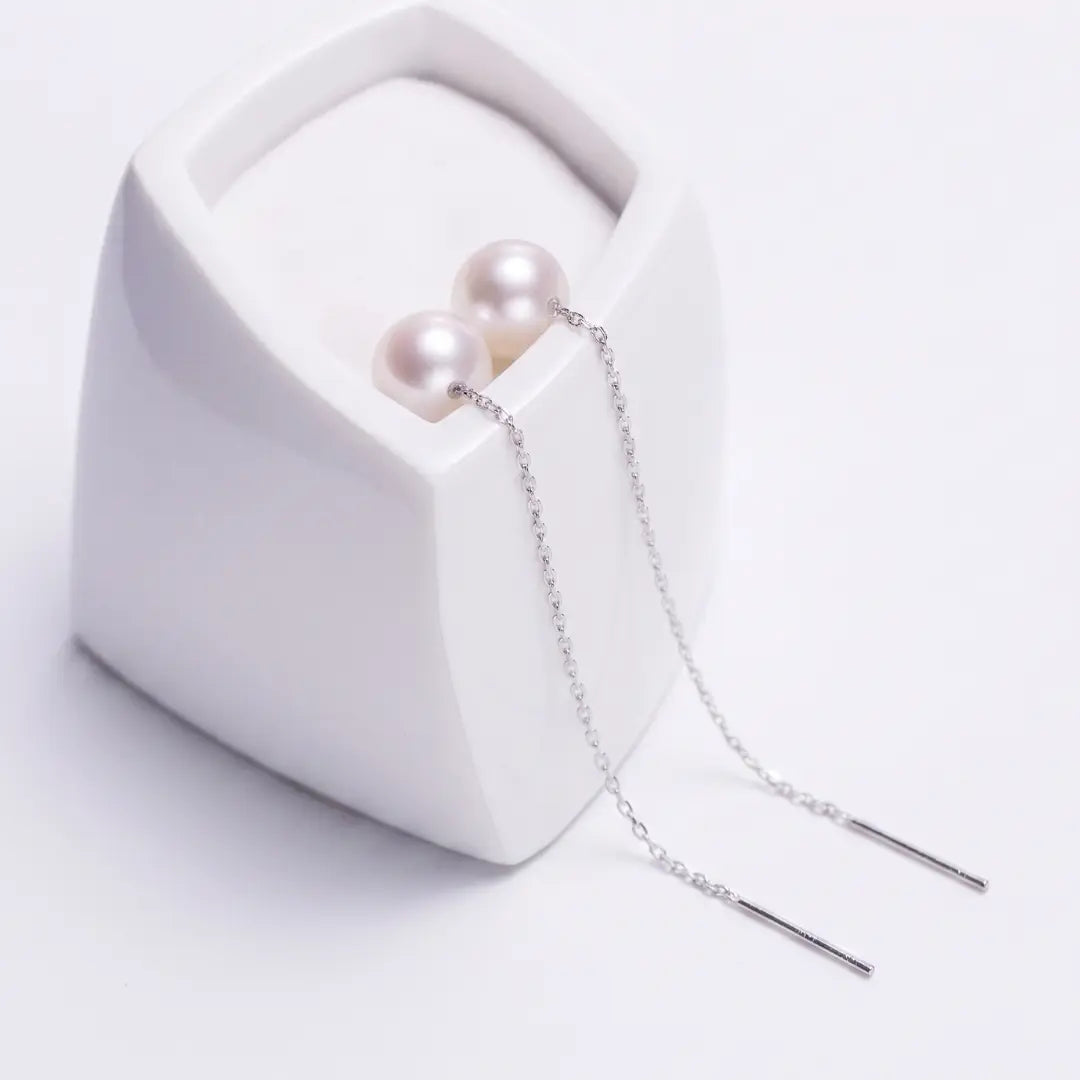 18K White Gold Plated 925 Sterling Silver Freshwater Pearl Long Threader Earrings