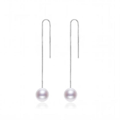 18K White Gold Plated 925 Sterling Silver Freshwater Pearl Long Threader Earrings