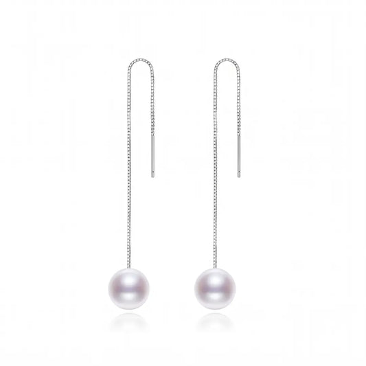 18K White Gold Plated 925 Sterling Silver Freshwater Pearl Long Threader Earrings