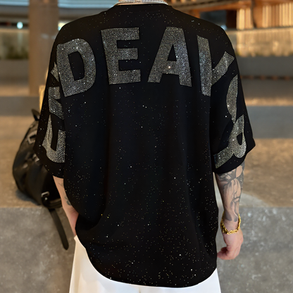 Oversized Back Letter Rhinestone Drop Shoulder T-Shirt
