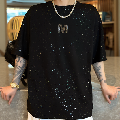 Oversized Back Letter Rhinestone Drop Shoulder T-Shirt