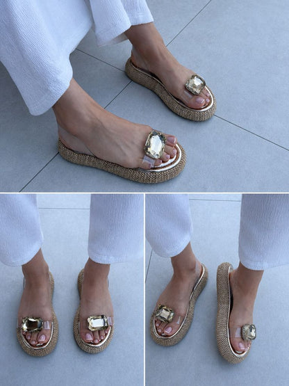 Straw Sole Sandals with Stone Accessories