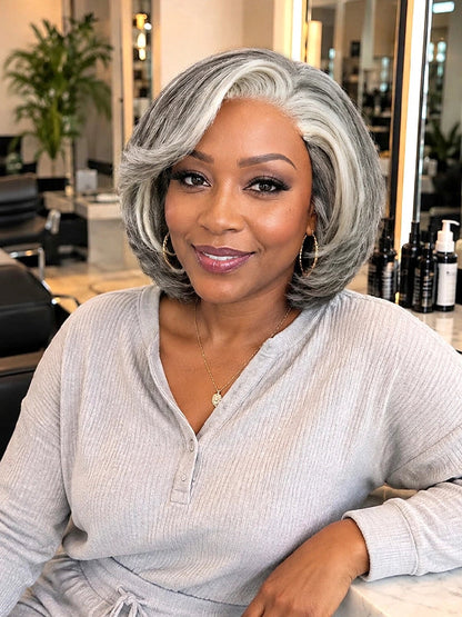 5x5 Lace Salt And Pepper Layered Swoop Bob Glueless Gray Wig