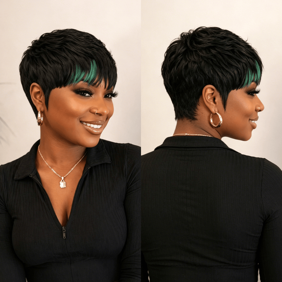 Green Part Machine Made Short Pixie Wig
