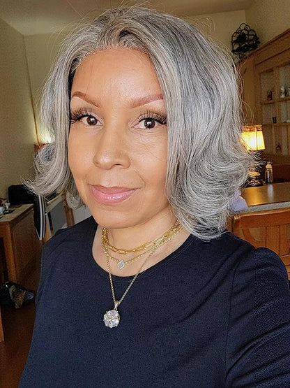 5x5 Salt And Pepper Glueless Gray Color Pre-Cut Lace Layered Cut Straight Bob Wig 100% Human Hair