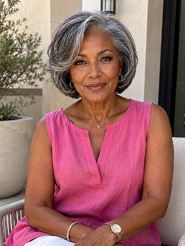 5x5 Lace Salt And Pepper Layered Swoop Bob Glueless Gray Wig