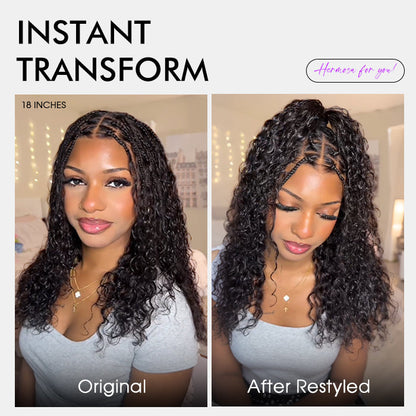 Knotless Boho Braids HD 13x6 Lace Frontal Human Hair Wig Flexi Fit Drawstring Cap Water Wave Glueless Braided Wigs