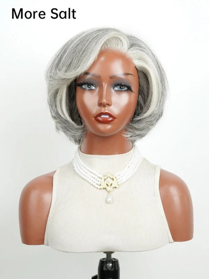 5x5 Lace Salt And Pepper Layered Swoop Bob Glueless Gray Wig