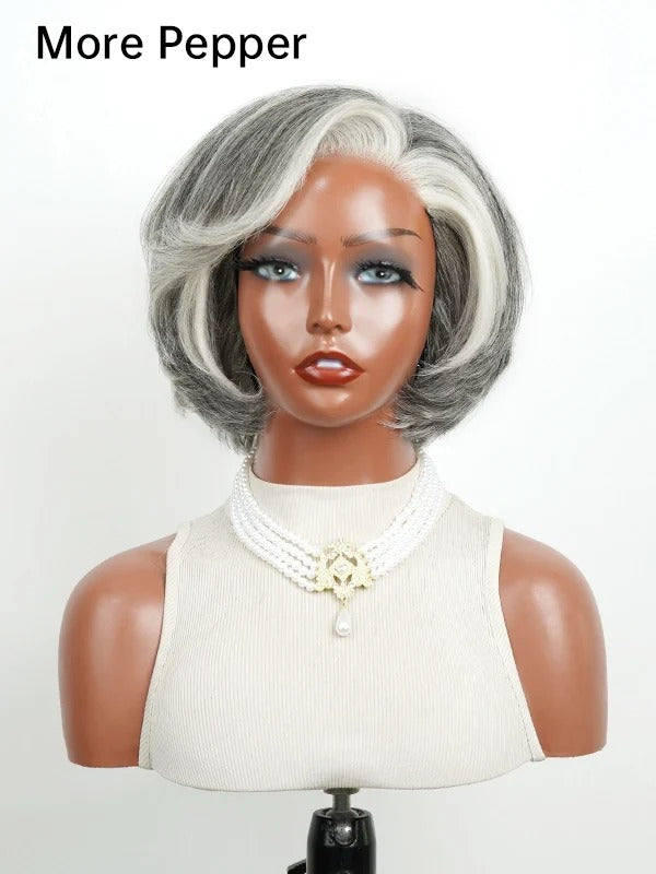 5x5 Lace Salt And Pepper Layered Swoop Bob Glueless Gray Wig