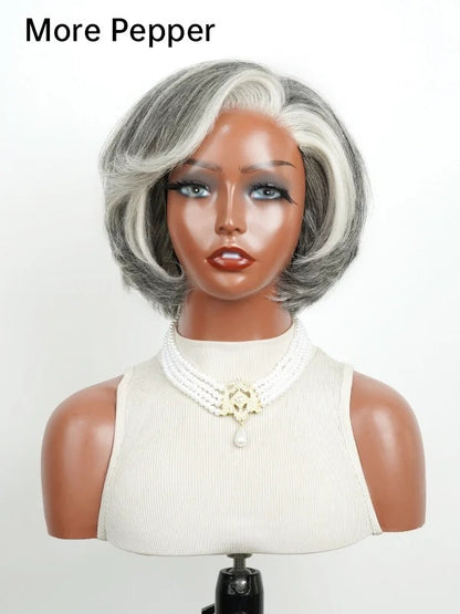 5x5 Lace Salt And Pepper Layered Swoop Bob Glueless Gray Wig